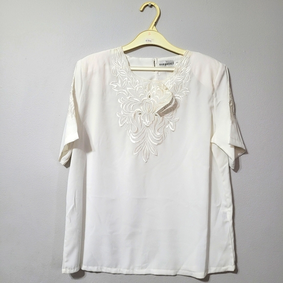 Vintage Tops - Vintage crepe short sleeve sheer blouse with open lace embroidery, ivory, small